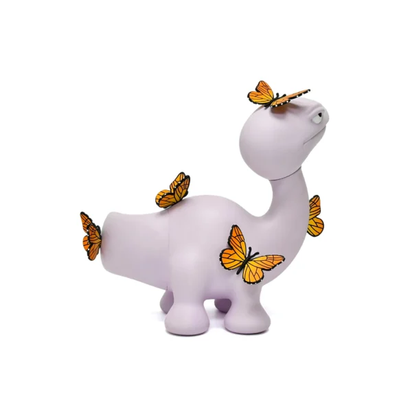 3 Pop Art Dinosaur Figurine with Monarch Butterflies - Art Deco Animal Sculpture